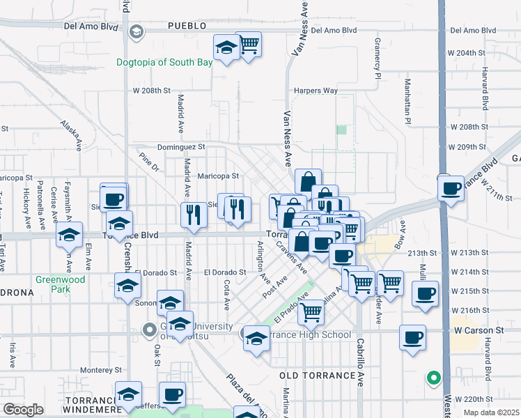 map of restaurants, bars, coffee shops, grocery stores, and more near in Torrance