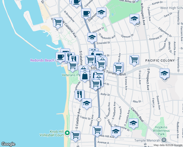 map of restaurants, bars, coffee shops, grocery stores, and more near 215 Pearl Street in Redondo Beach