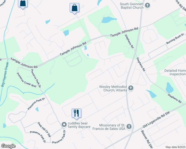 map of restaurants, bars, coffee shops, grocery stores, and more near 3479 Woodruff Ridge Lane Southwest in Loganville