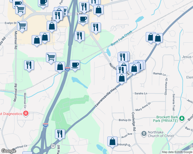 map of restaurants, bars, coffee shops, grocery stores, and more near 1843 Cameo Court in Tucker