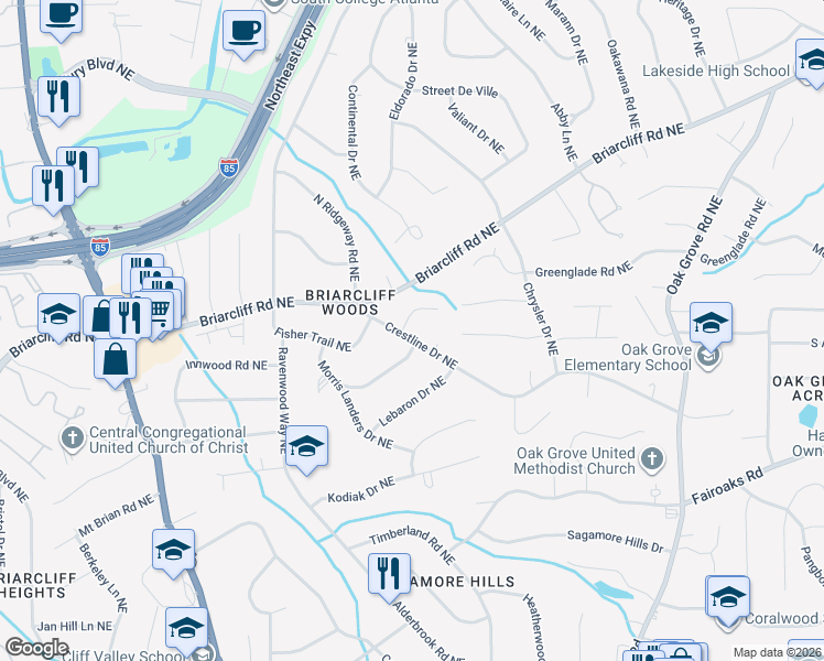 map of restaurants, bars, coffee shops, grocery stores, and more near 2181 Impala Drive Northeast in Atlanta
