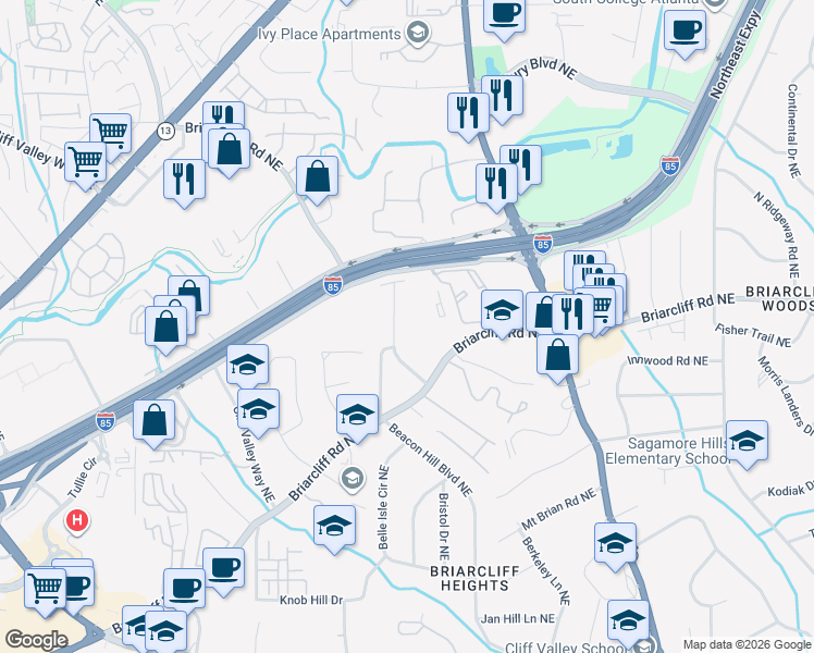 map of restaurants, bars, coffee shops, grocery stores, and more near 1863 Bruce Road Northeast in Atlanta