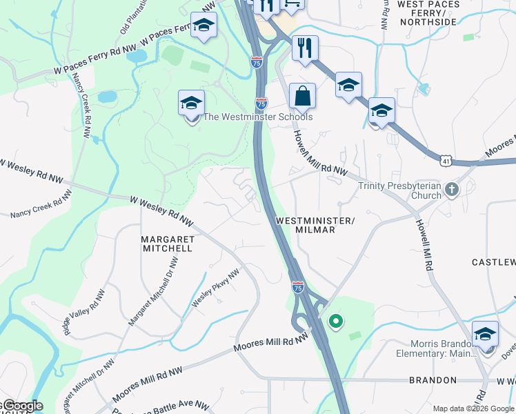 map of restaurants, bars, coffee shops, grocery stores, and more near 3021 Margaret Mitchell Drive Northwest in Atlanta