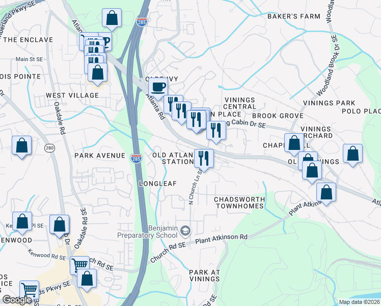 map of restaurants, bars, coffee shops, grocery stores, and more near 3917 Old Atlanta Station Drive in Atlanta