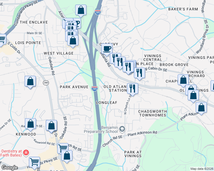 map of restaurants, bars, coffee shops, grocery stores, and more near 3981 Old Atlanta Station Court Southeast in Smyrna