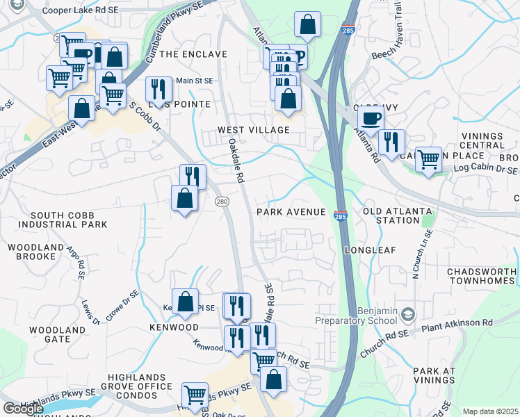 map of restaurants, bars, coffee shops, grocery stores, and more near 4798 Terramond Lane Southeast in Smyrna