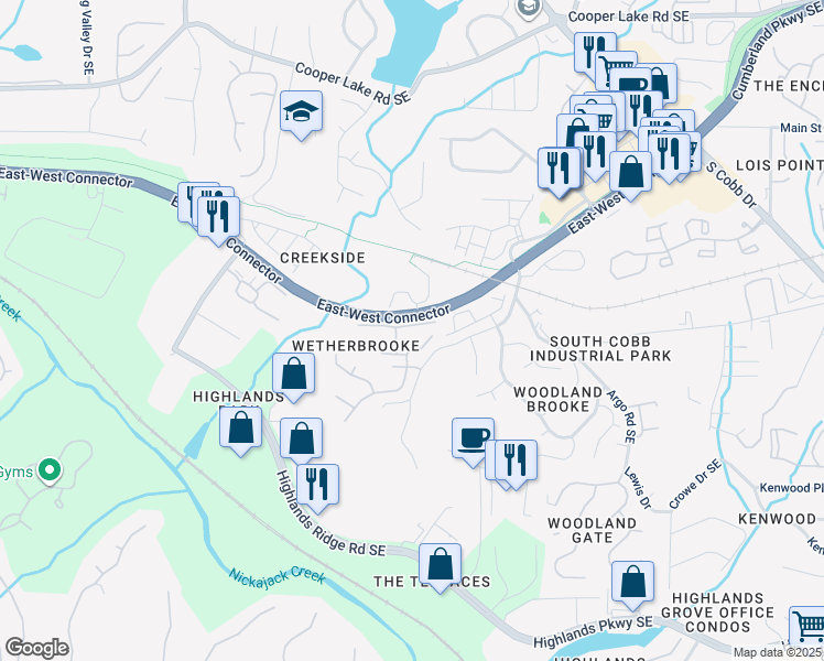 map of restaurants, bars, coffee shops, grocery stores, and more near 130 Wetherbrooke Lane Southeast in Smyrna