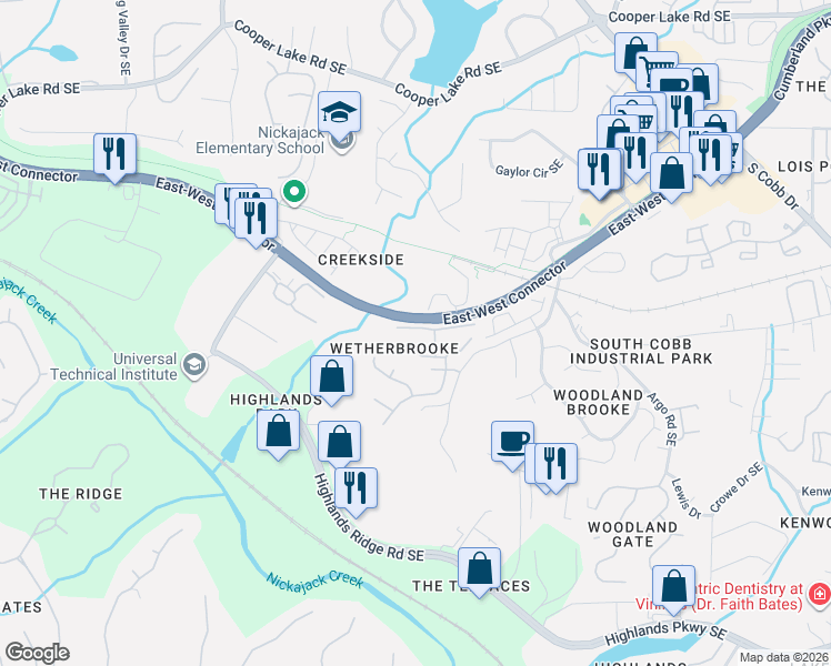 map of restaurants, bars, coffee shops, grocery stores, and more near 115 Wetherbrooke Lane Southeast in Smyrna