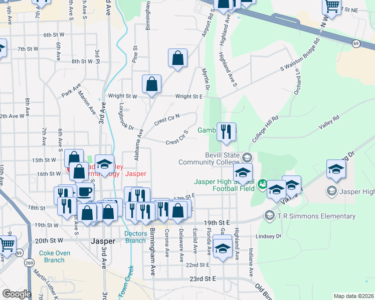 map of restaurants, bars, coffee shops, grocery stores, and more near 500-598 Ridge Rd in Jasper