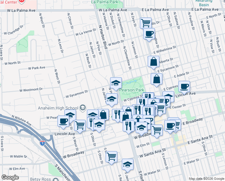 map of restaurants, bars, coffee shops, grocery stores, and more near 331 North Harbor Boulevard in Anaheim