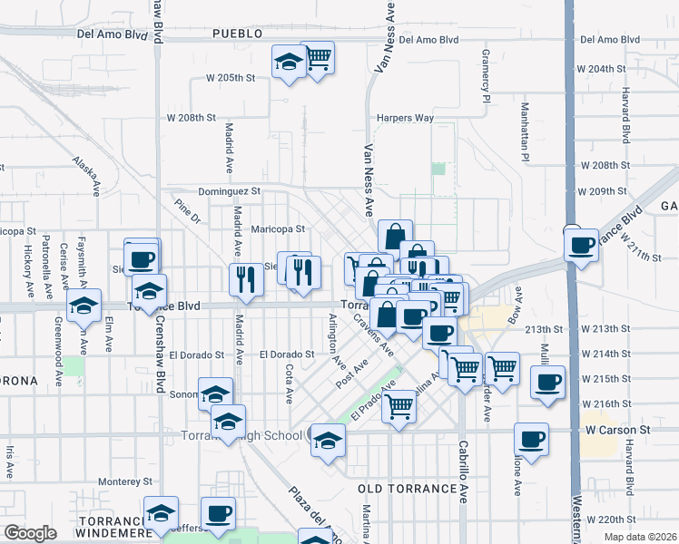 map of restaurants, bars, coffee shops, grocery stores, and more near in Torrance