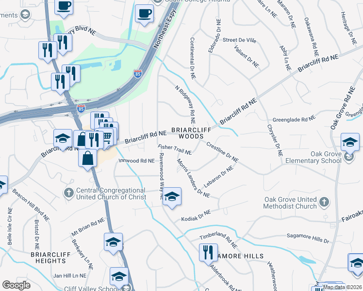 map of restaurants, bars, coffee shops, grocery stores, and more near 1808 Fisher Trail Northeast in Atlanta