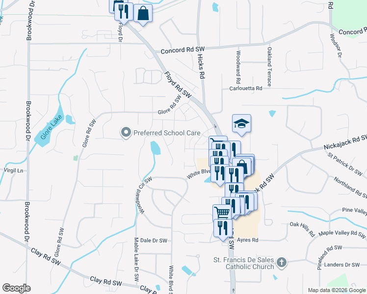 map of restaurants, bars, coffee shops, grocery stores, and more near 4893 Conductor Way Southwest in Mableton