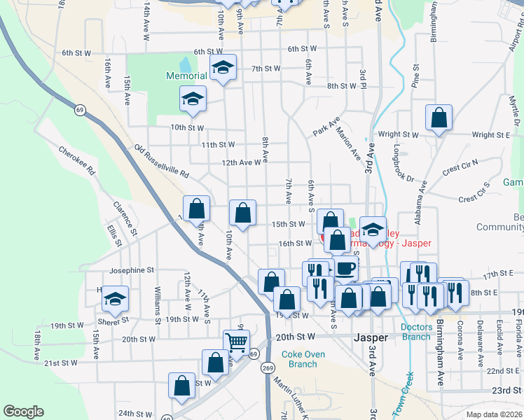 map of restaurants, bars, coffee shops, grocery stores, and more near 709 15th Street West in Jasper