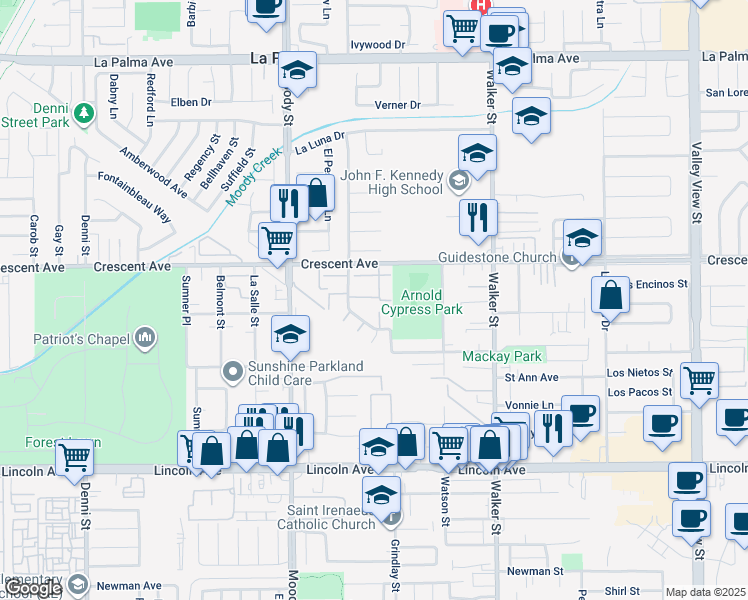 map of restaurants, bars, coffee shops, grocery stores, and more near 5206 Dover Drive in La Palma