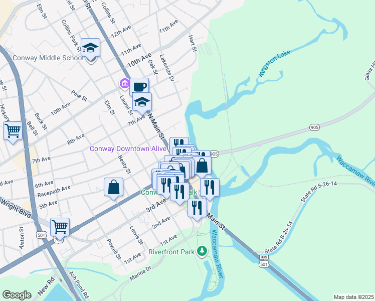 map of restaurants, bars, coffee shops, grocery stores, and more near 428 Kingston Street in Conway