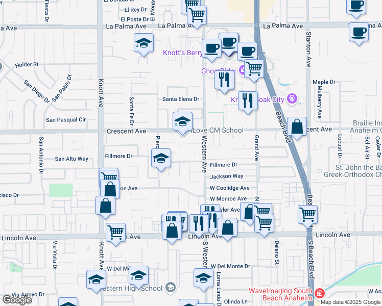 map of restaurants, bars, coffee shops, grocery stores, and more near 7435 Royal Street in Buena Park