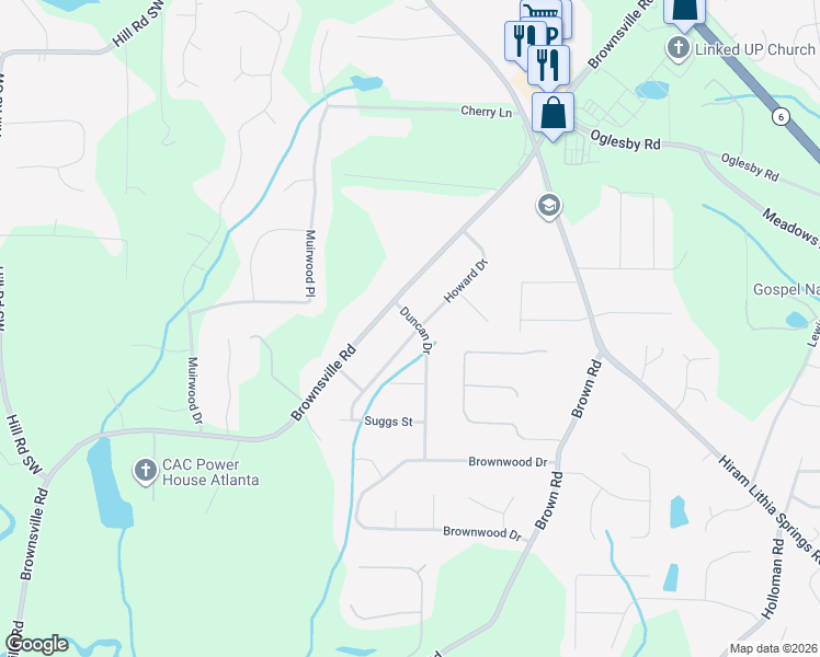 map of restaurants, bars, coffee shops, grocery stores, and more near 4824 Howard Drive in Powder Springs
