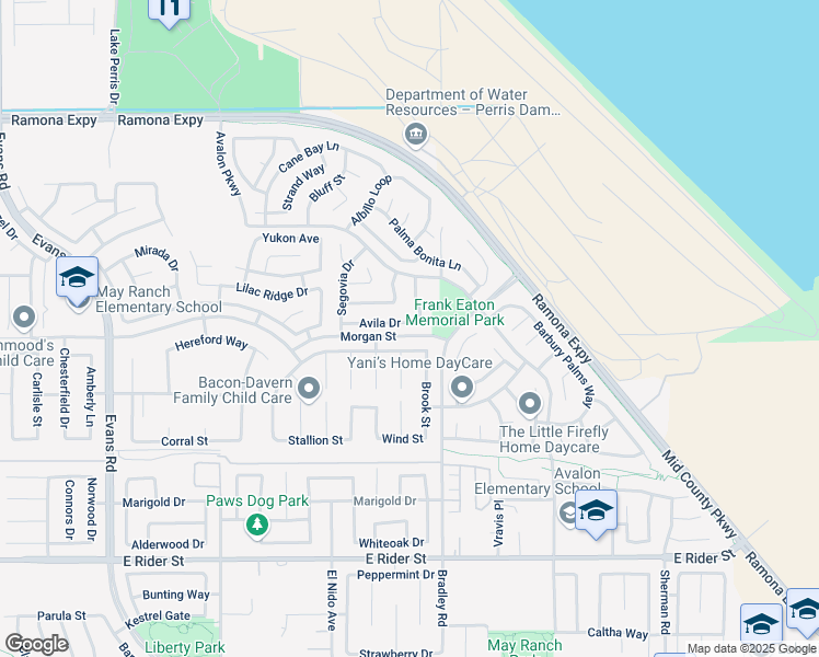 map of restaurants, bars, coffee shops, grocery stores, and more near 1497 Avila Drive in Perris