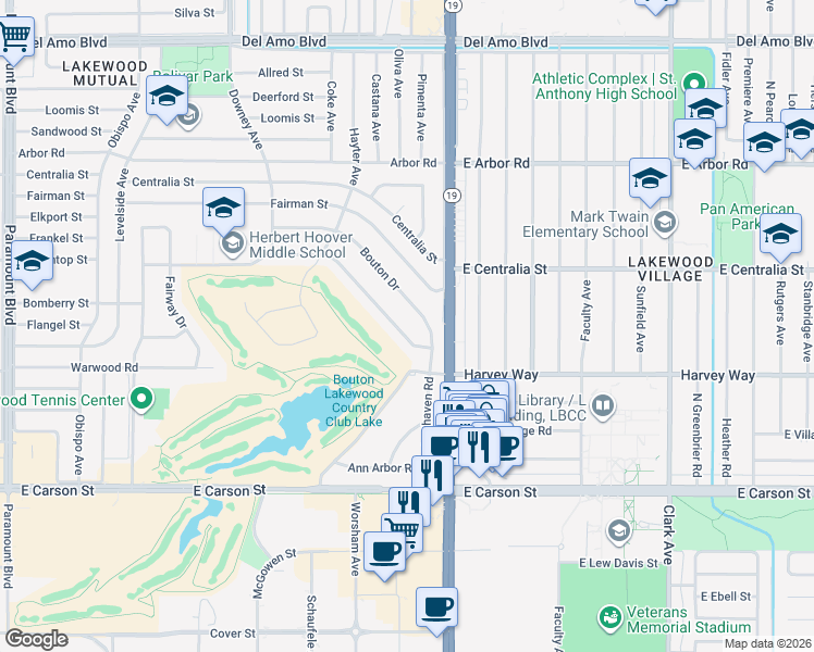 map of restaurants, bars, coffee shops, grocery stores, and more near 4121 Country Club Drive in Lakewood
