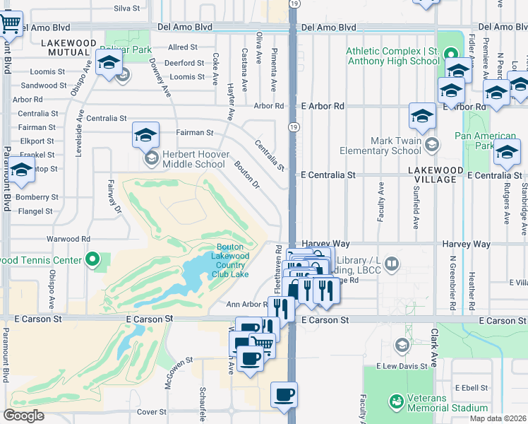 map of restaurants, bars, coffee shops, grocery stores, and more near 4121 Country Club Drive in Lakewood