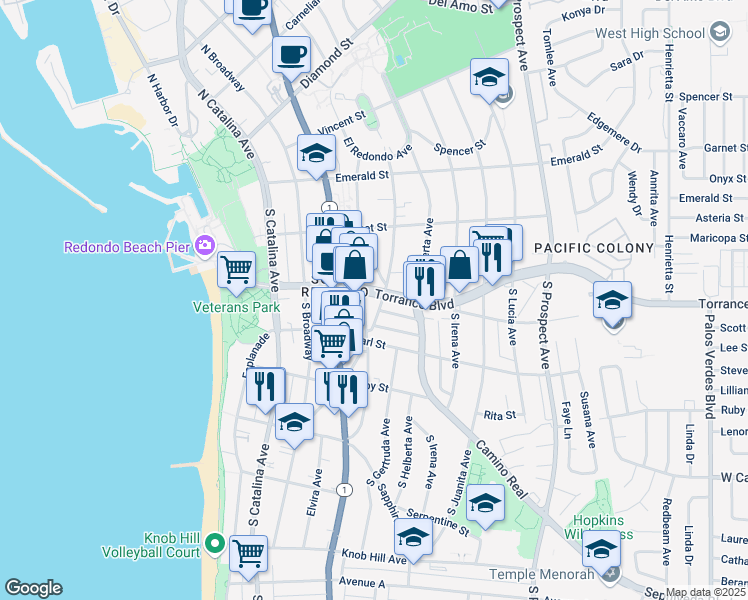 map of restaurants, bars, coffee shops, grocery stores, and more near 406 Sierra Vista Drive in Redondo Beach