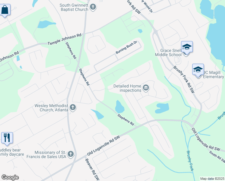 map of restaurants, bars, coffee shops, grocery stores, and more near 1355 Compton Woods Drive in Loganville