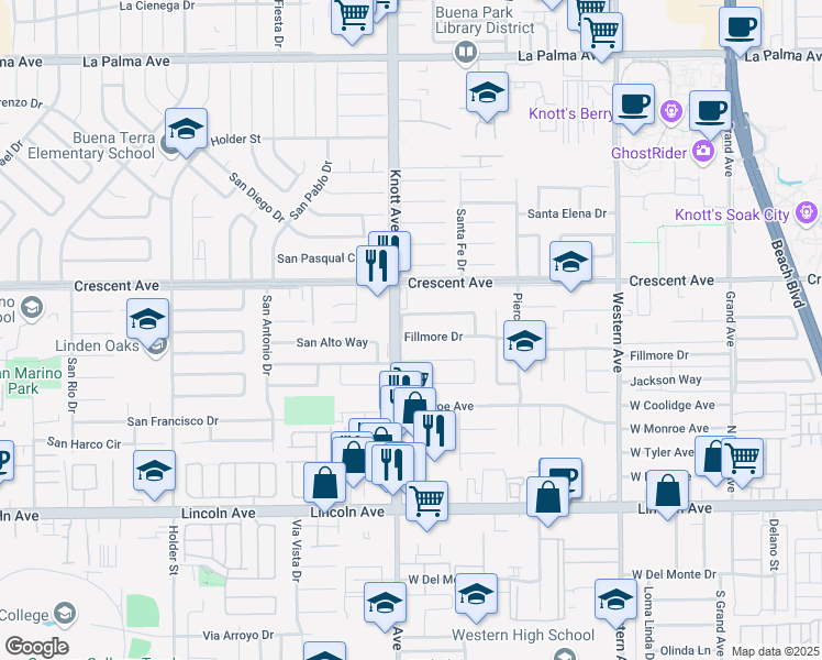 map of restaurants, bars, coffee shops, grocery stores, and more near 7037 Fillmore Drive in Buena Park