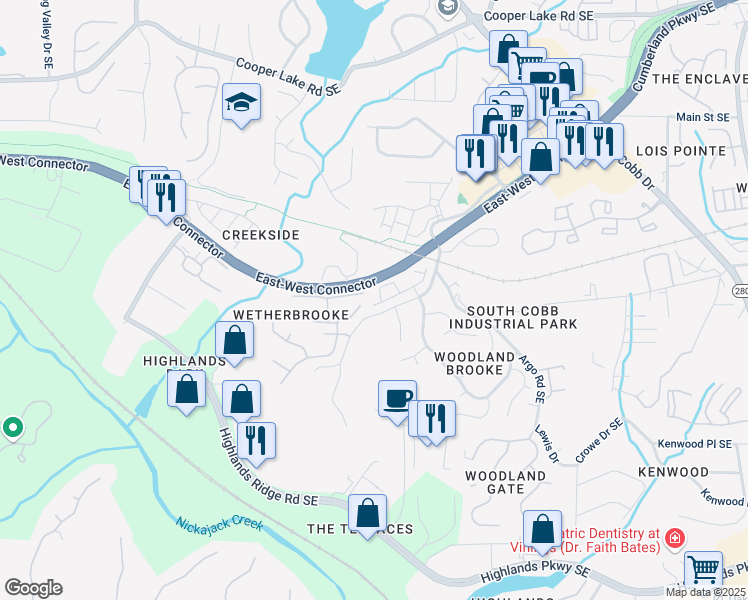 map of restaurants, bars, coffee shops, grocery stores, and more near 4780 Camp Highland Road in Smyrna