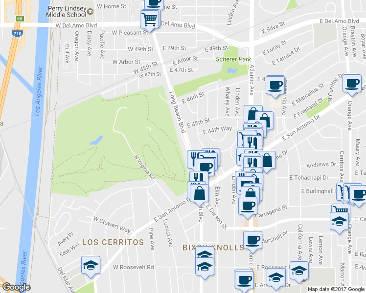 map of restaurants, bars, coffee shops, grocery stores, and more near 4335 North Country Club Lane in Long Beach