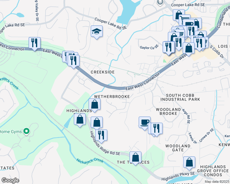 map of restaurants, bars, coffee shops, grocery stores, and more near 308 Holbrook Road in Smyrna