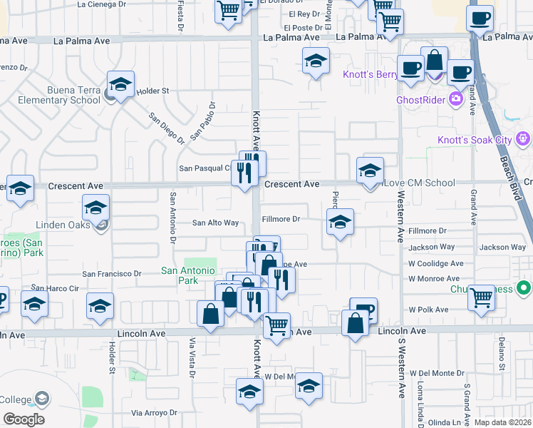 map of restaurants, bars, coffee shops, grocery stores, and more near 7037 Fillmore Drive in Buena Park