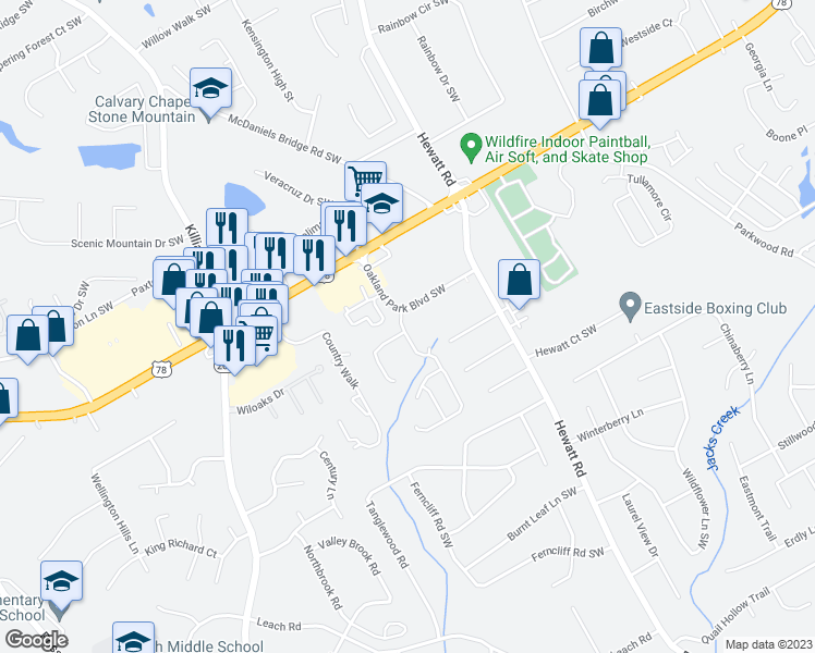 map of restaurants, bars, coffee shops, grocery stores, and more near 2114 Oakland Spring Drive in Snellville