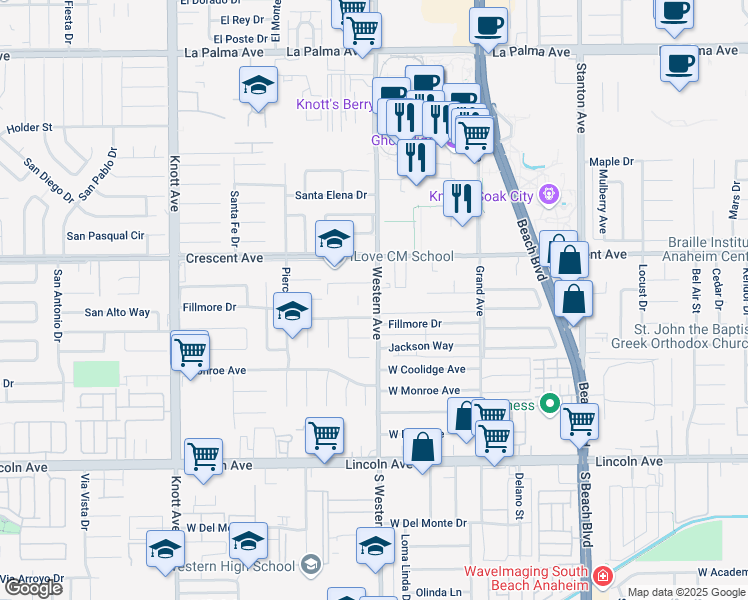 map of restaurants, bars, coffee shops, grocery stores, and more near 8520 Western Avenue in Buena Park
