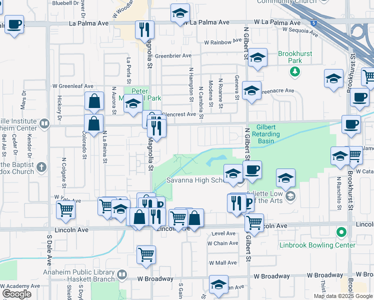 map of restaurants, bars, coffee shops, grocery stores, and more near 507 North Hampton Street in Anaheim