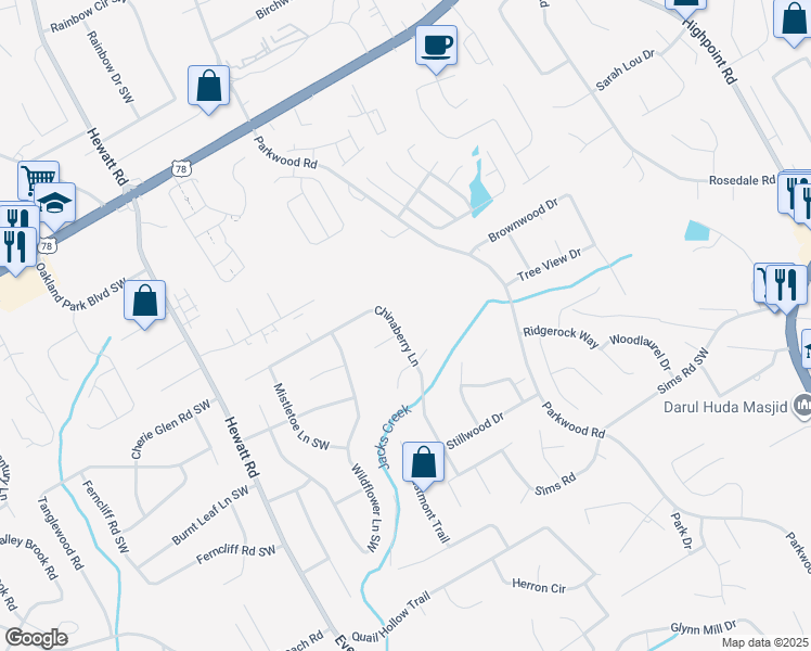 map of restaurants, bars, coffee shops, grocery stores, and more near 3407 Chinaberry Lane in Snellville