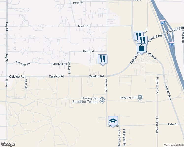 map of restaurants, bars, coffee shops, grocery stores, and more near 22810 Cajalco Road in Perris
