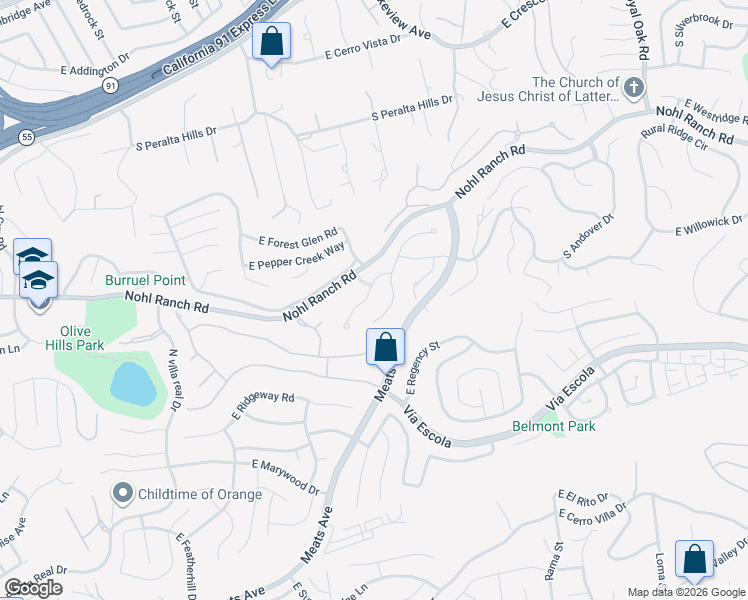 map of restaurants, bars, coffee shops, grocery stores, and more near 4470 East Ardmore Street in Anaheim