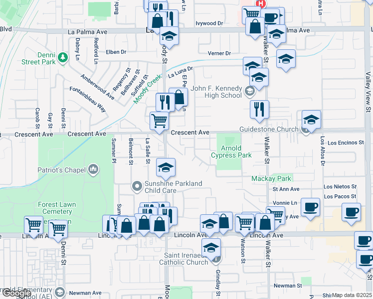 map of restaurants, bars, coffee shops, grocery stores, and more near 5100 Stratford Circle in La Palma