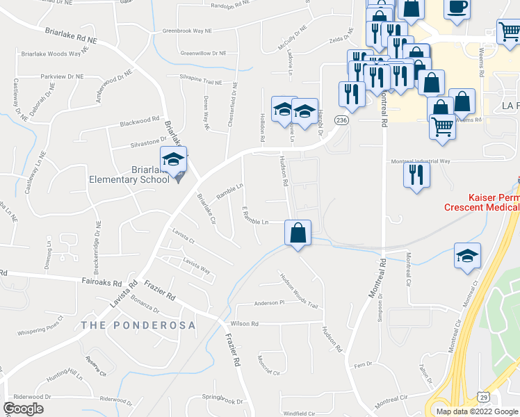 map of restaurants, bars, coffee shops, grocery stores, and more near 3048 Hudson Court in Decatur