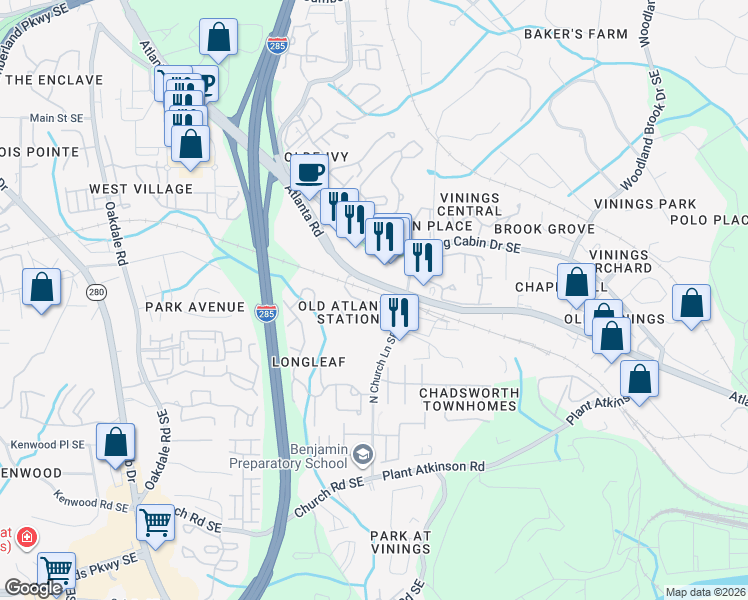 map of restaurants, bars, coffee shops, grocery stores, and more near 3917 Old Atlanta Station Drive in Atlanta