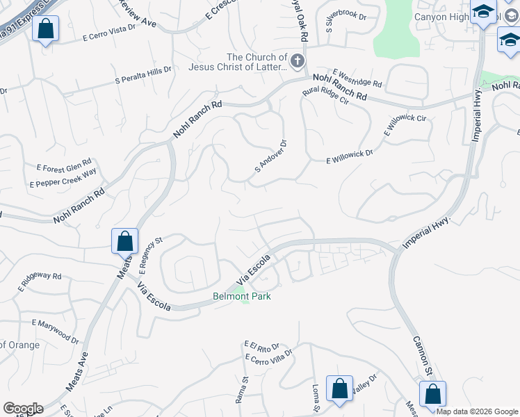 map of restaurants, bars, coffee shops, grocery stores, and more near 4641 East Hastings Avenue in Orange