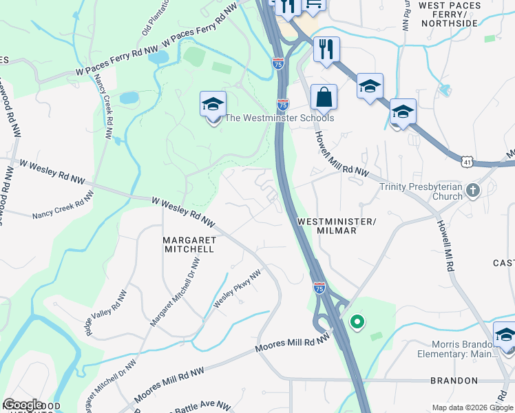 map of restaurants, bars, coffee shops, grocery stores, and more near 3000 Margaret Mitchell Drive Northwest in Atlanta