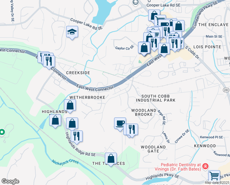 map of restaurants, bars, coffee shops, grocery stores, and more near 4780 Camp Highland Road in Smyrna