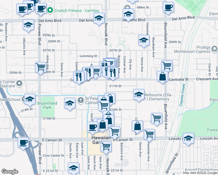 map of restaurants, bars, coffee shops, grocery stores, and more near 12228 Centralia Street in Lakewood