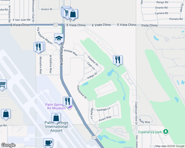 map of restaurants, bars, coffee shops, grocery stores, and more near 4239 Indigo Street in Palm Springs