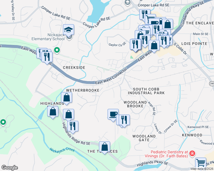 map of restaurants, bars, coffee shops, grocery stores, and more near 4780 Camp Highland Road in Smyrna