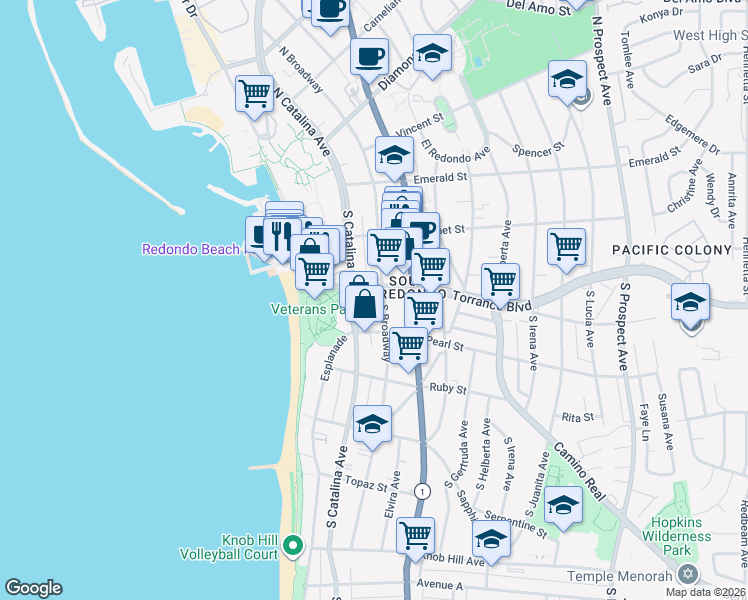 map of restaurants, bars, coffee shops, grocery stores, and more near 107 Torrance Boulevard in Redondo Beach