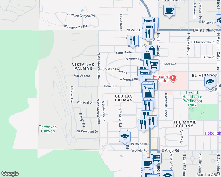 map of restaurants, bars, coffee shops, grocery stores, and more near 1133 Camino Mirasol in Palm Springs