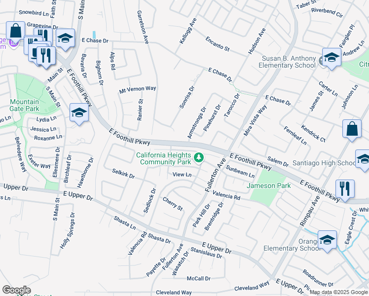 map of restaurants, bars, coffee shops, grocery stores, and more near 3195 Armstrongs Drive in Corona